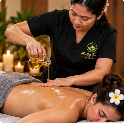 Therapist applying firm deep tissue massage pressure to a client's shoulders